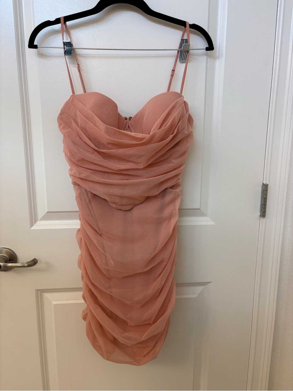 Oh Polly Sheer Ruched Sweetheart Mini Dress in Dusty Pink